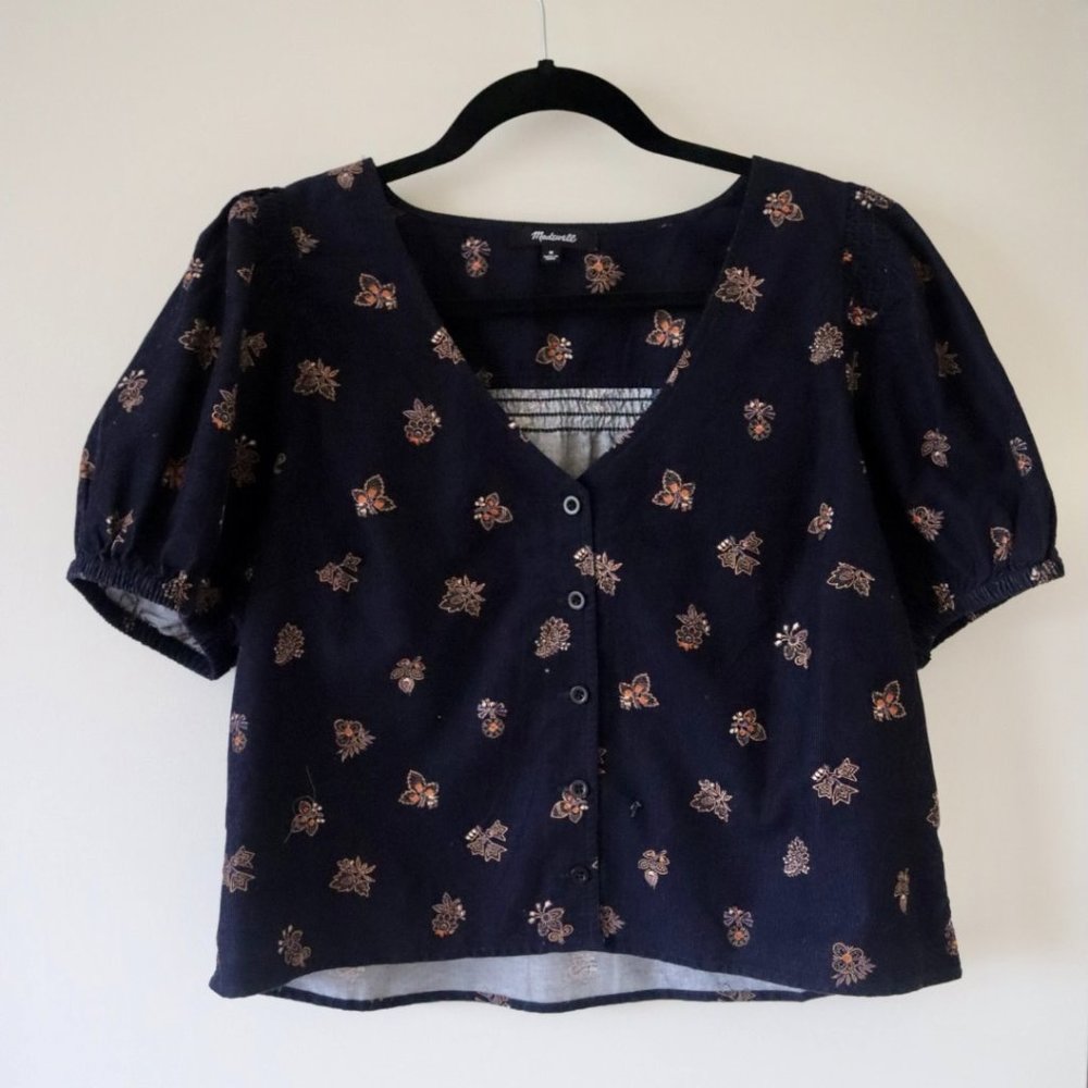 Madewell Corduroy Bubble-Sleeve Crop Shirt in Britannica Blockprint